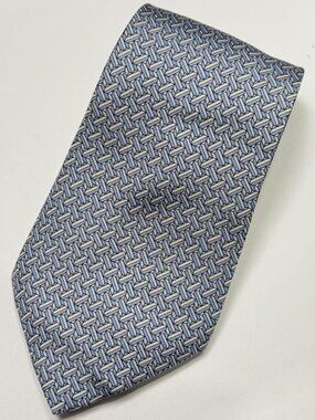 HERMES Light Blue White Geometric Print Silk Tie